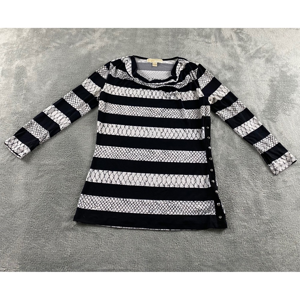 Michael Michael Kors Black White Striped Snakeskin Cowl Neck Side Snap Top XS